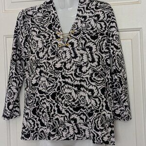 Rafaella Woman's 3/4 Sleeve Black White  Career Blouse Ruffle Petite Size MP
